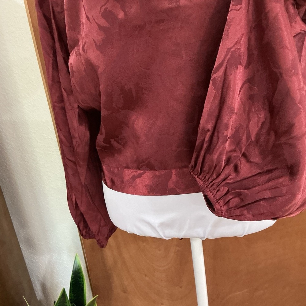 LUCCA Jacquard Satin Floral Wine Blouse Bow Tie M Coquette Fairy Dark Academia - Picture 6 of 15